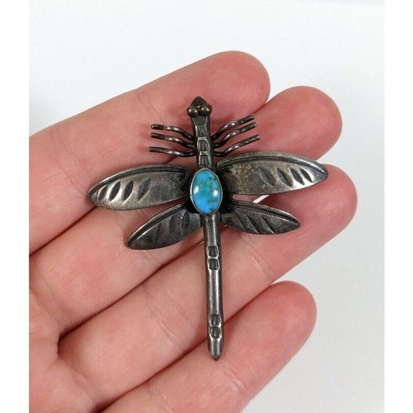 Turquoise Dragonfly Shaped Insect Sterling Silver Brooch Southwestern Pin - Picture 2 of 11